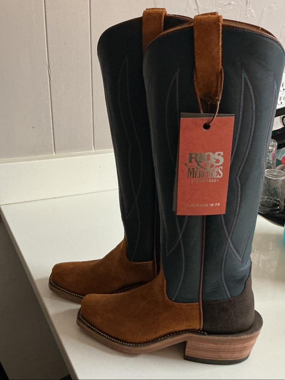 Rios of Mercedes Two-Tone Brown Suede & Dark Navy Leather Western Boots 6D